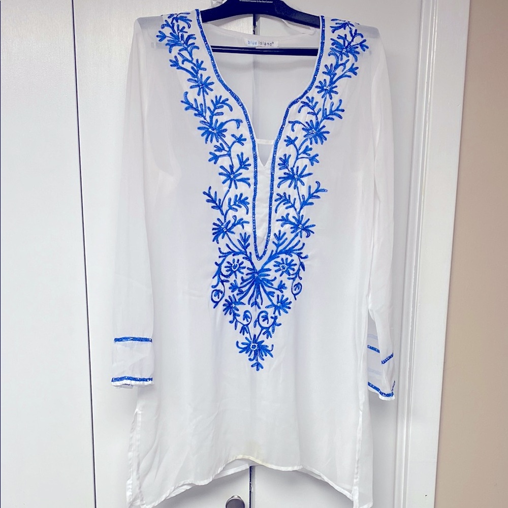 Blue Island White and Blue Embellished Tunic Coverup
